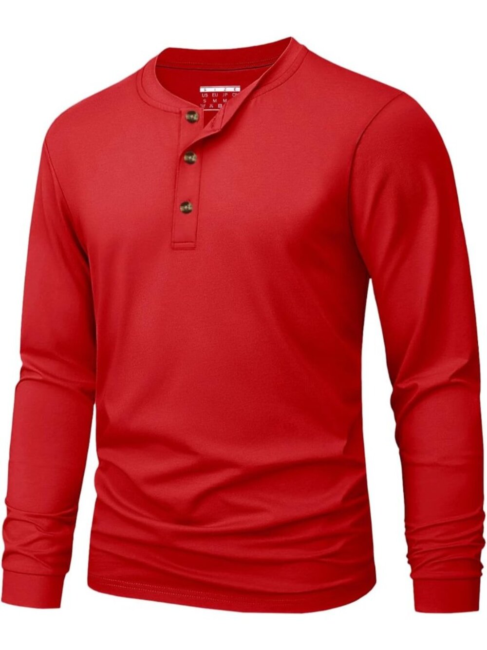 Men's Tomato Red Long Sleeve Henley T-shirts Cotton 3-button Spring Casual